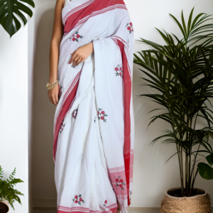 Women Lal Pad Embroidered  Flower Thread Work Handloom Saree (White & Red)