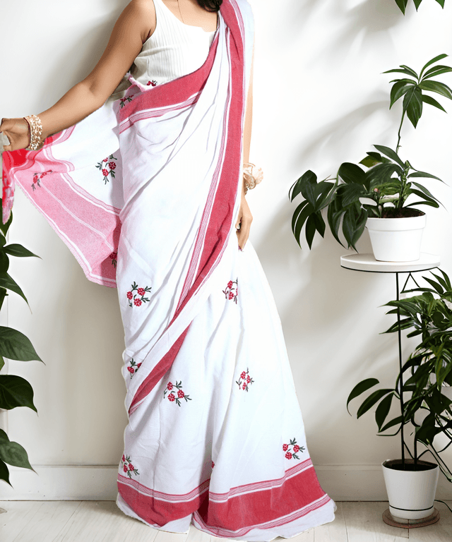 Flower Thread Work Handloom Saree (White & Red) - Image 2
