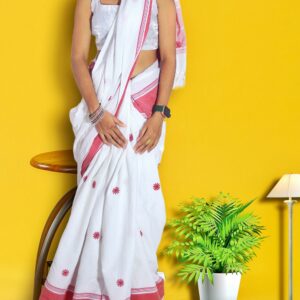 Women Lal Pad Embroidered Thread Work Handloom Saree (White & Red)