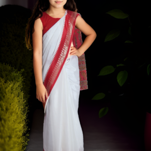 Child Red Border with No Sleeves Blouse Ready To Wear Saree