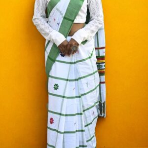 Santhali White & Green Thick Strips Phuta/Phoda Phuta check Saree