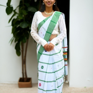 Santhali White & Green Thick Strips Phuta/Phoda Phuta check Saree