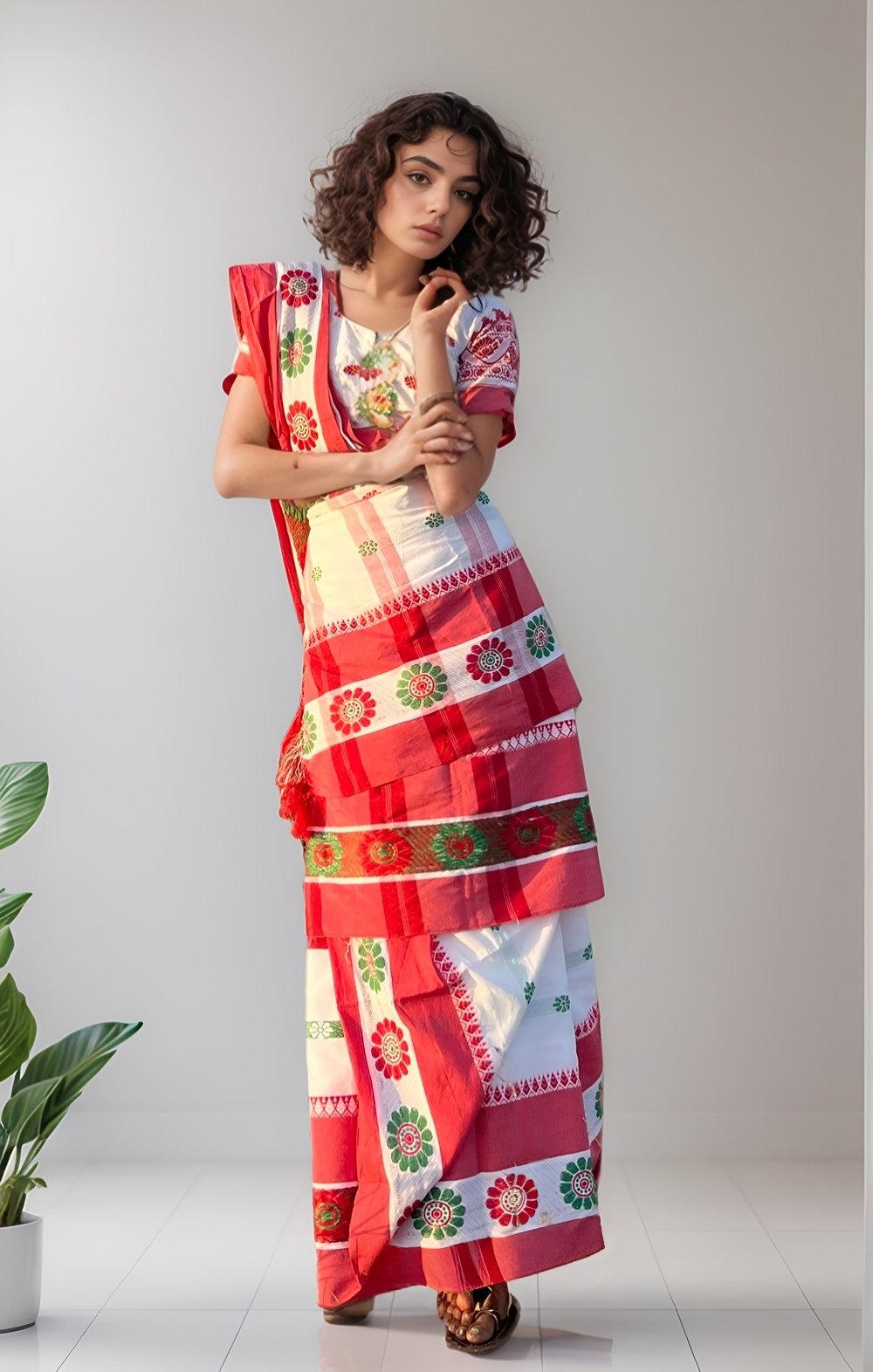 Red & Green Rose Buta Handloom  Saree - Image 1