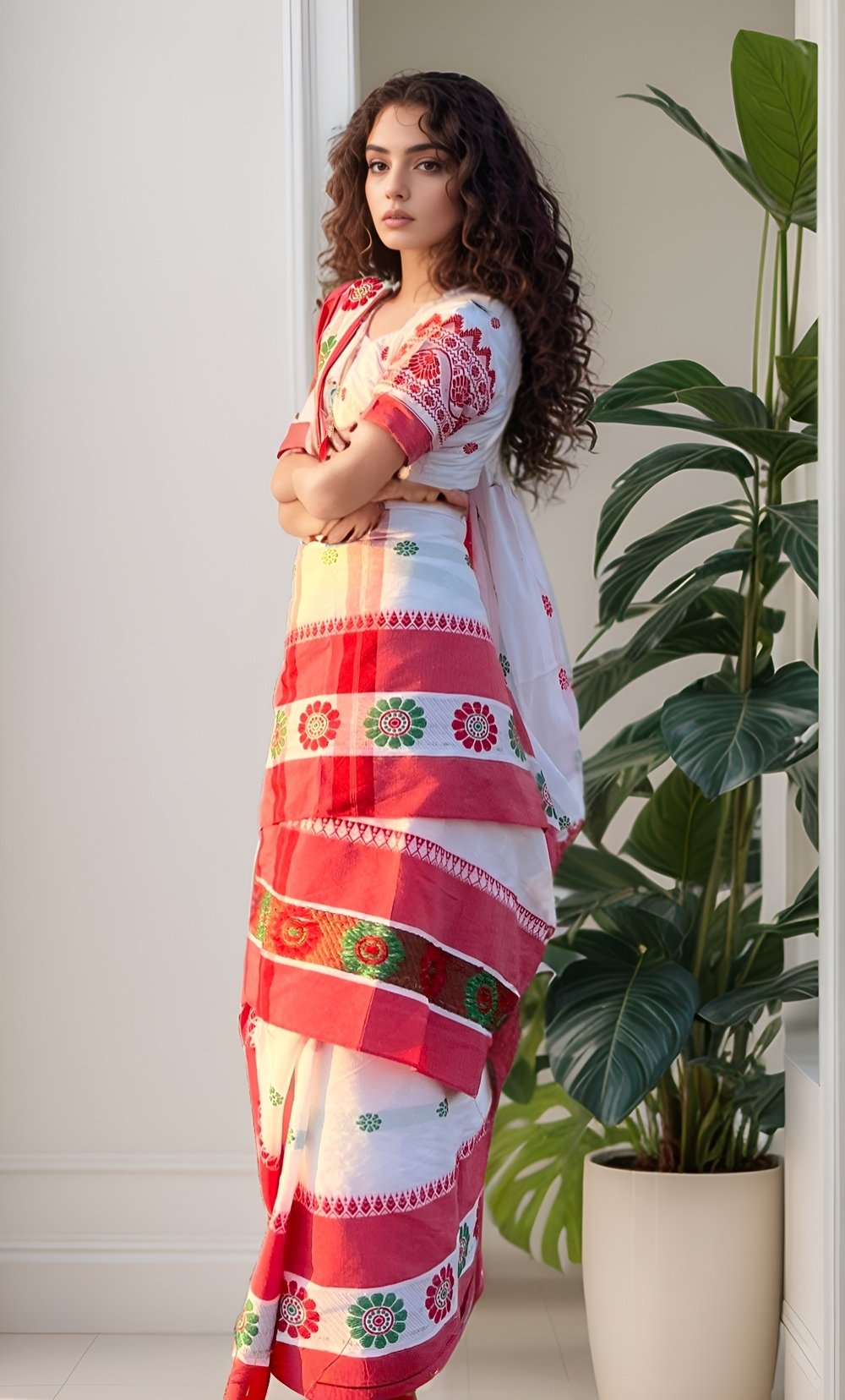 Red & Green Rose Buta Handloom  Saree - Image 2