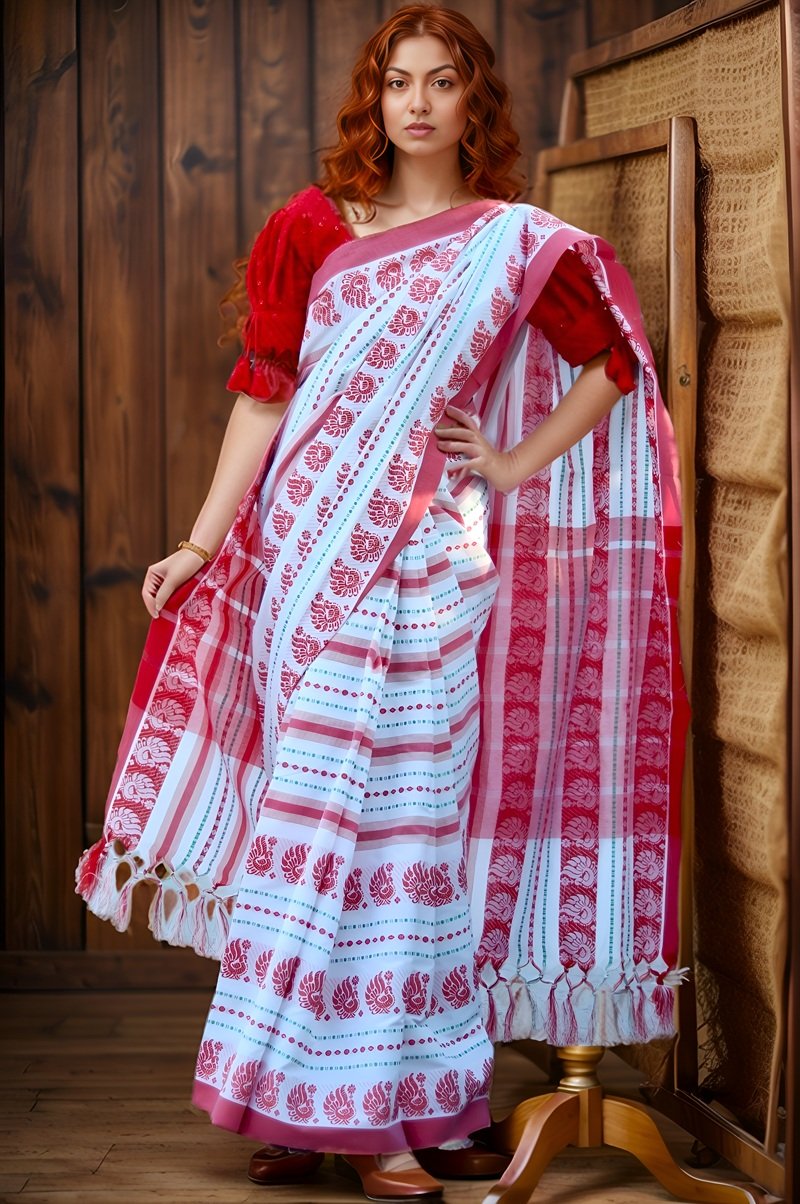 Vintage Bloom with Red Motifs Cotton Saree - Image 2