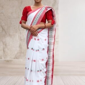White Cotton Saree with Red Border and Floral Butas