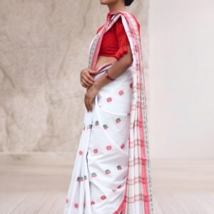 White Cotton Saree with Red Border and Floral Butas