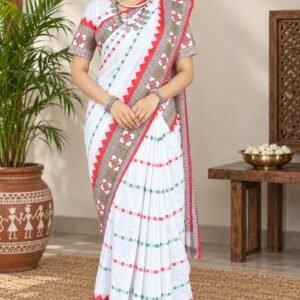 Barfi Design White and Red & Green Cotton Saree