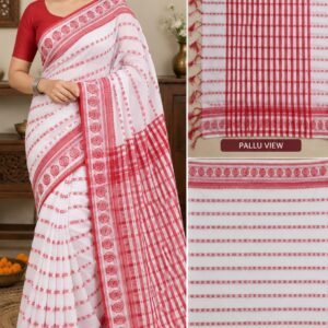 Baha Design White and Red Cotton Saree