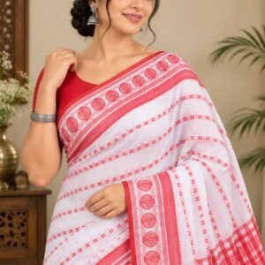 Baha Design White and Red Cotton Saree